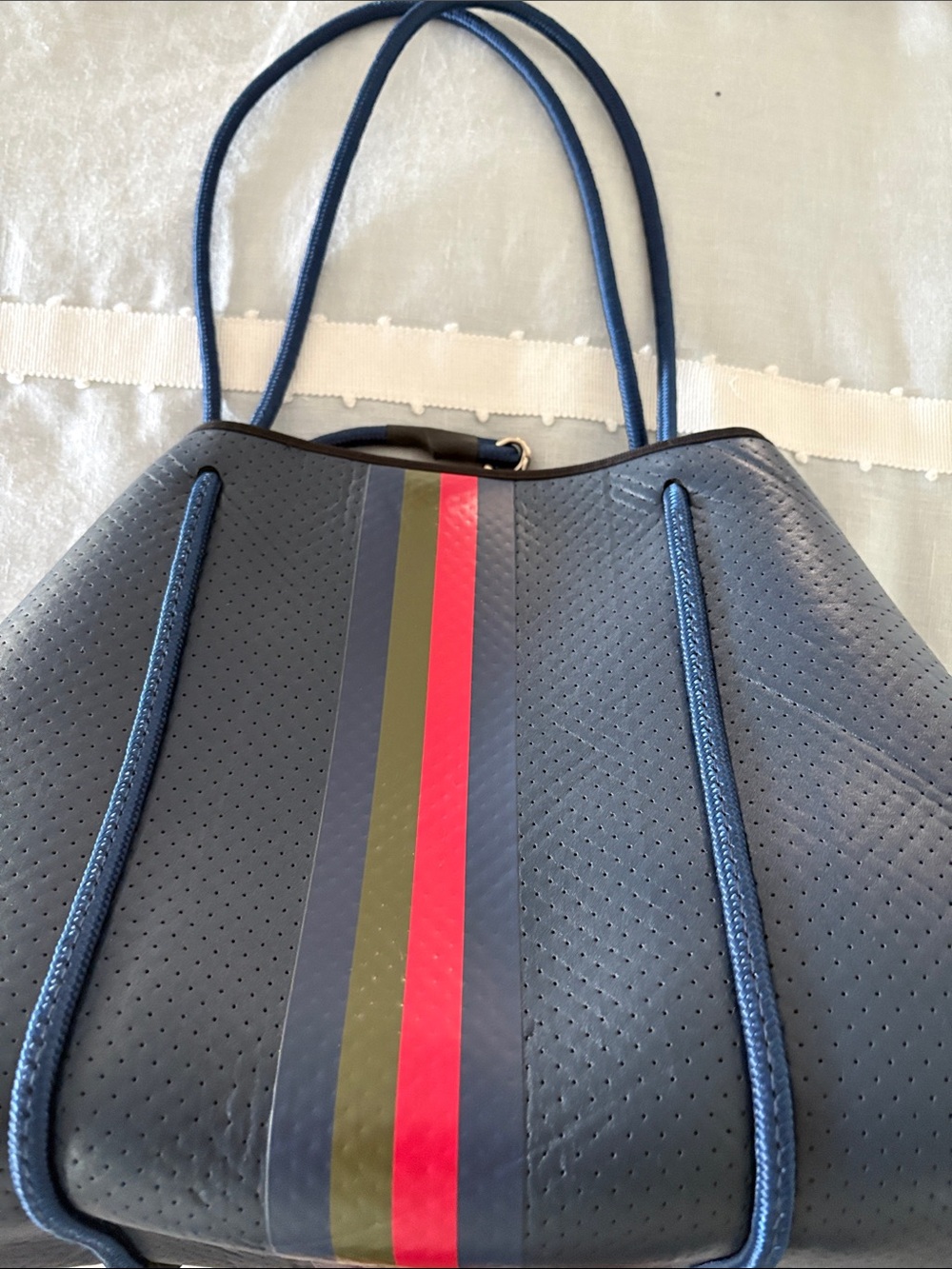 Haute Shore Neoprene Navy Tote with Contrast Stripe